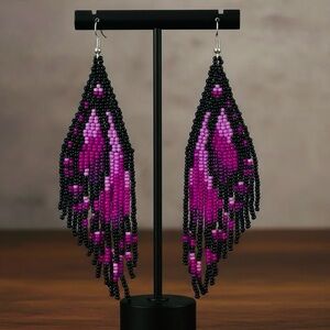 Butterfly Wings Beaded Earrings in Pink and Black. New.